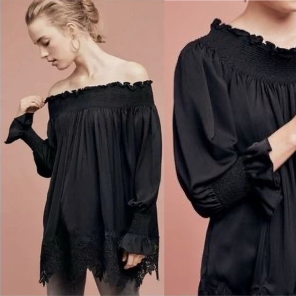 Eri + Ali Anthropologie Black Vettora Off The Shoulder Blouse Size Small - Picture 2 of 11